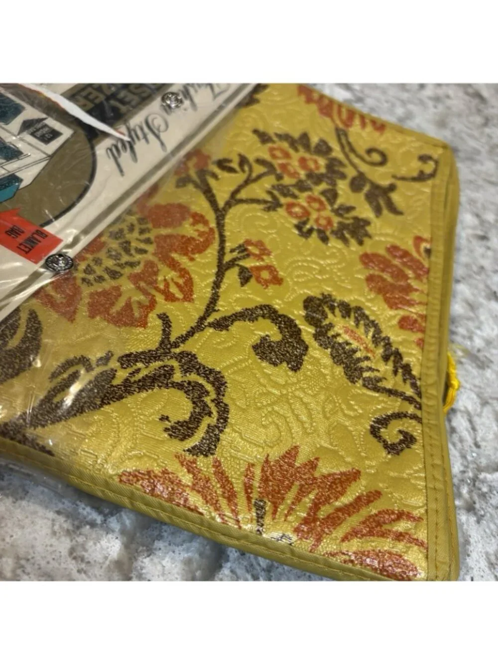 Vintage New Old Stock Closet Organizer Blanket Bag Gold Floral Mid Century Vinyl